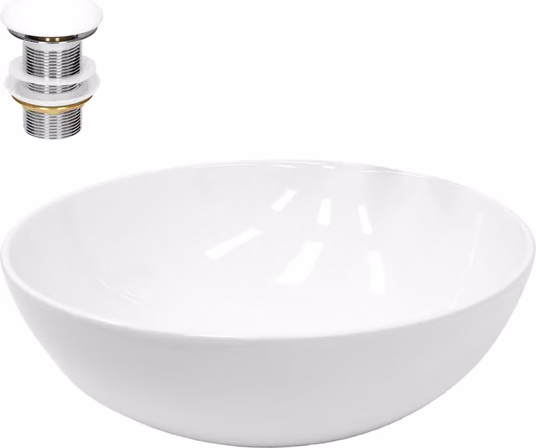 Lavabo LuxeBath Lavabo da appoggio rotondo, Ø40x14,7 cm, bianco, in Vetroceramica, incl. set di scarico senza troppopieno