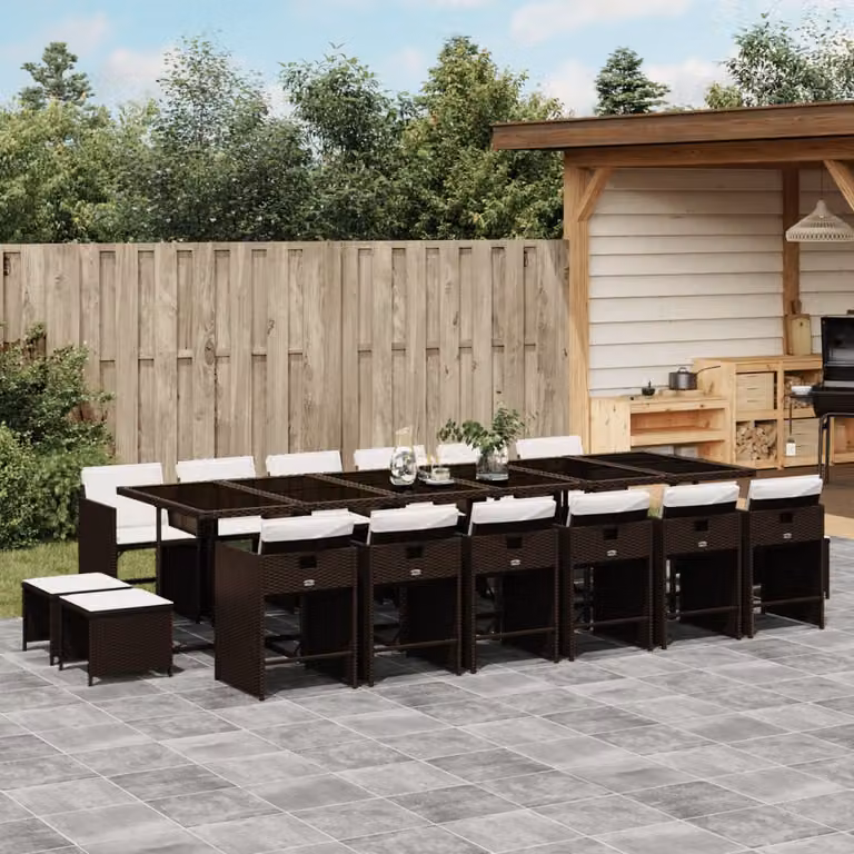 vidaXL Set da Pranzo da Giardino 17 pz in Polyrattan Marrone con Cuscini e Tavolo in Vetro