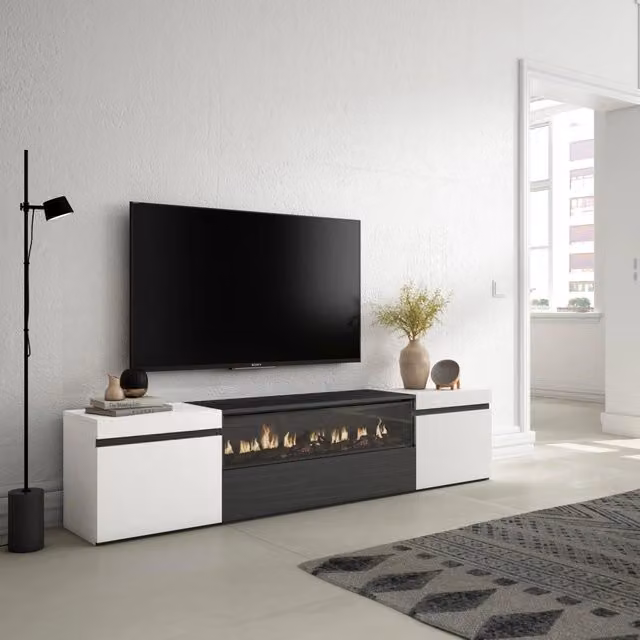 Mobile TV, 200x35x45cm, soggiorno, Per TV fino a 80", Camino elettrico, Bianco e nero RF2169