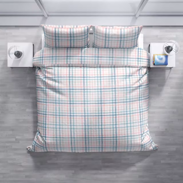 Completo copripiumino e federe DaunenStep Joy in cotone Mako Satin con fantasia a quadri blu per adulti