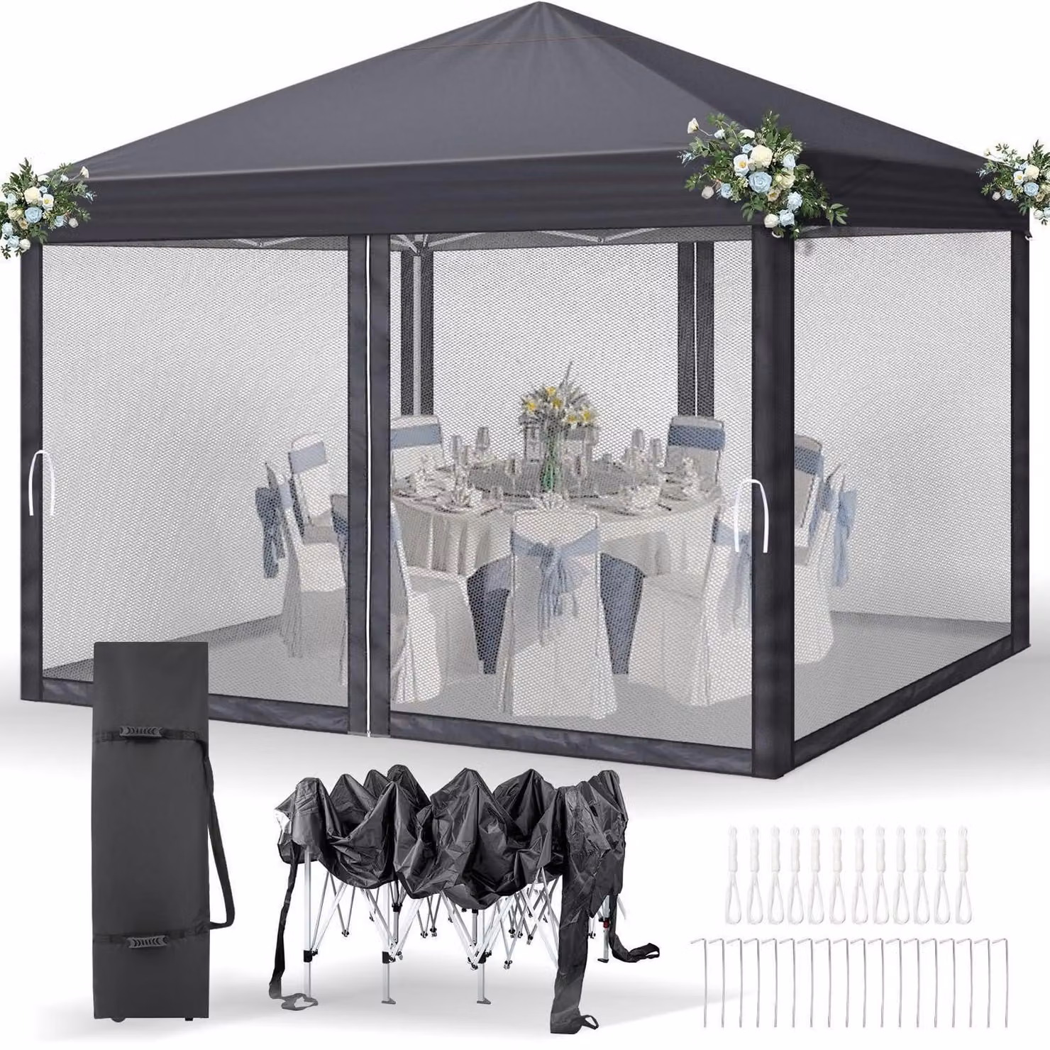 Tenda da esterno impermeabile, con protezione UV 50+, regolabile in altezza, dotata di zanzariere, dimensioni 3x3 metri, colore antracite, con 4 pannelli laterali