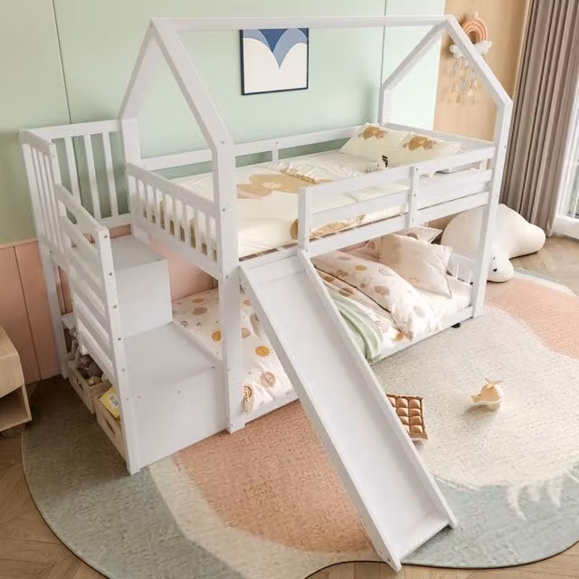 Letto a castello per bambini 90 × 200 cm con scala contenitore, scivolo e sponde, senza materasso, bianco