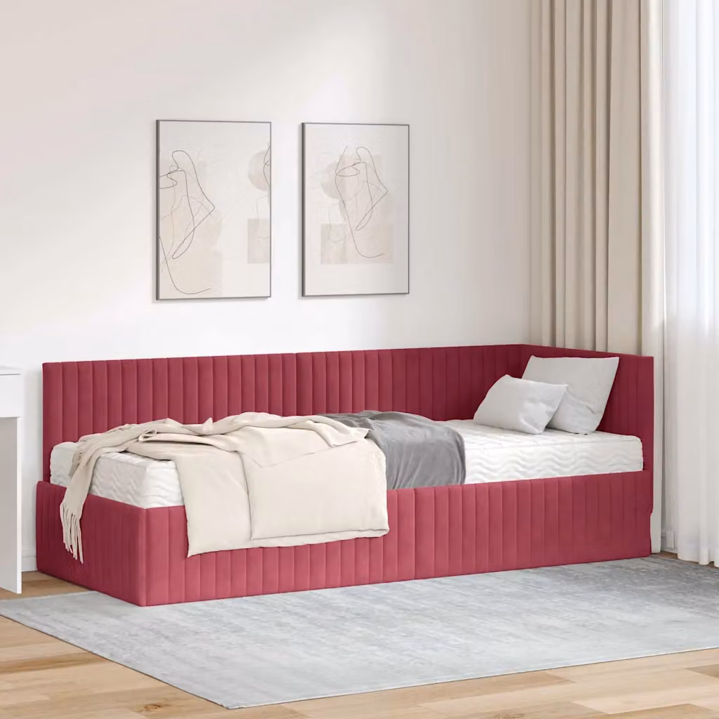 vidaXL Struttura Letto Angolare con 2 Materassi in Velluto Rosso