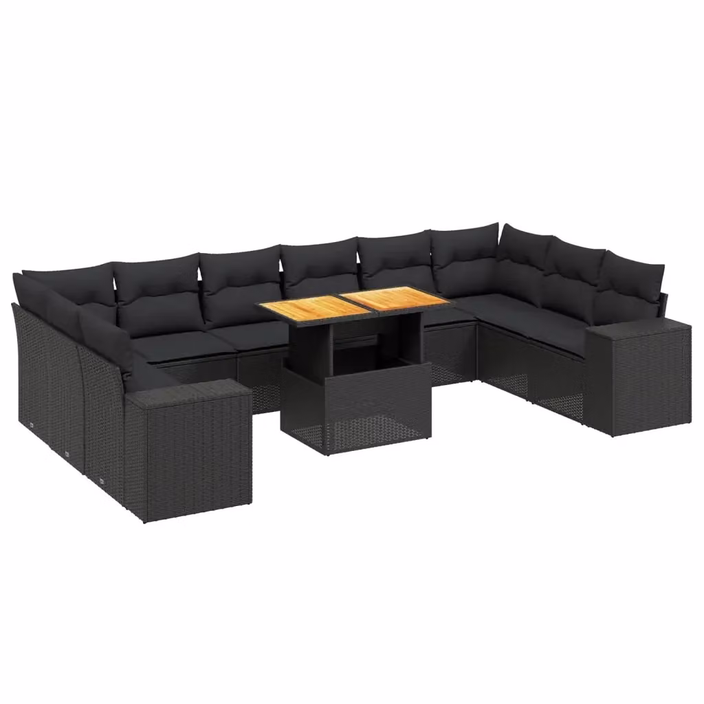 vidaXL Set Divani da Giardino a L 11 pz con Cuscini e Tavolino Nero in Polyrattan e Legno di Acacia – 2