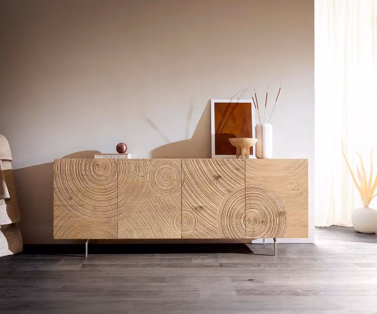Mobile contenitore laterale DELIFE Ashara, 200 cm, effetto 3D rovere naturale, 4 ante, piedini angolari in acciaio inossidabile spazzolato
