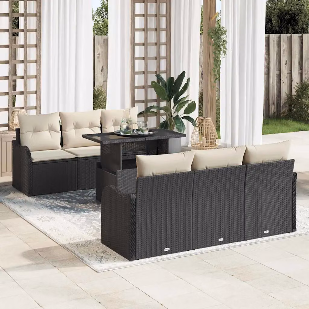vidaXL Set Divano da Giardino 7 Pezzi in Polyrattan con Cuscini Nero e Beige – 1