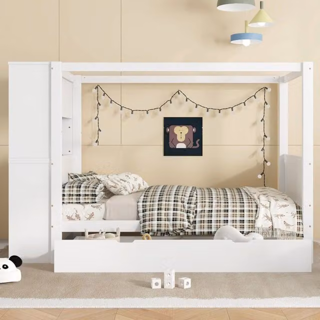 Letto singolo per bambini WISHDOR in legno bianco con cassetti contenitore, L/P/H: 90 x 200 x 120 cm