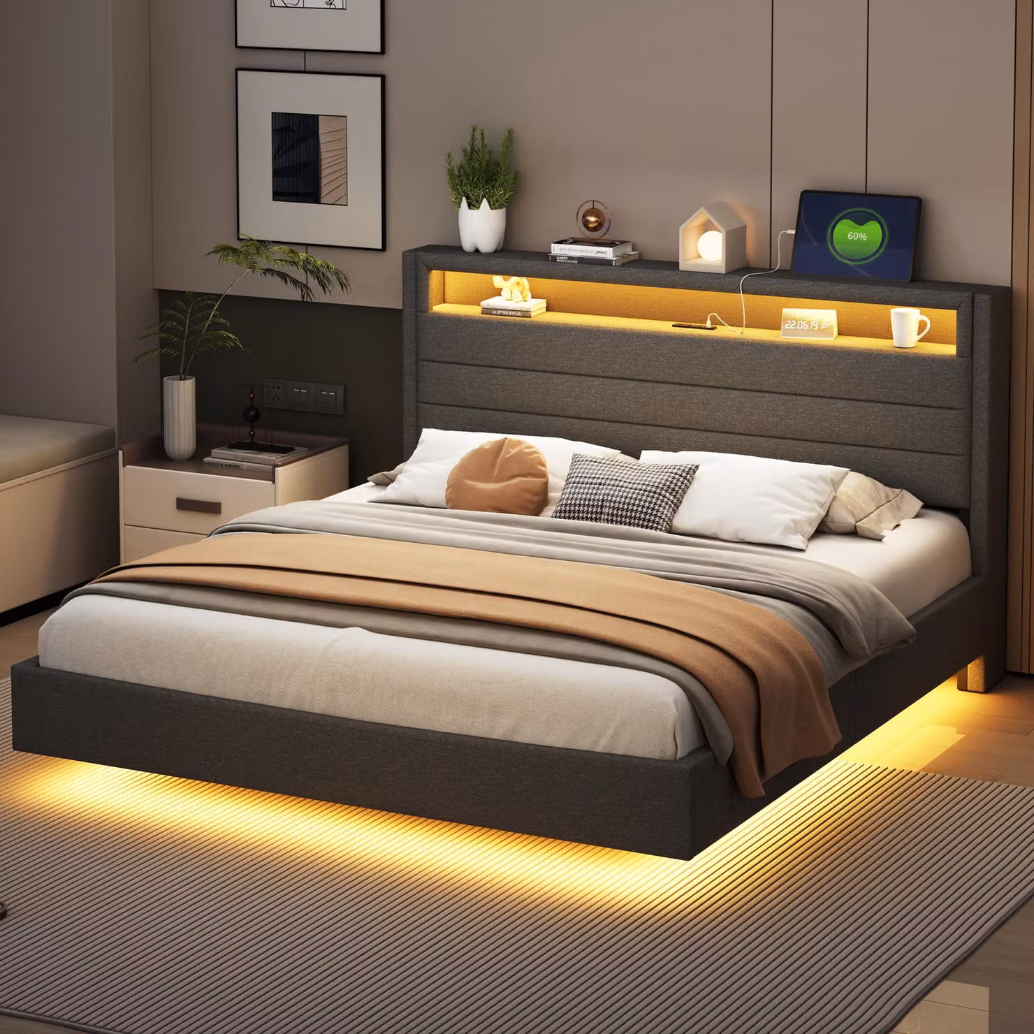Letto imbottito Merax 160x200 con LED e presa USB, letto per ragazzi con struttura robusta, testata reversibile con contenitore, letto matrimoniale piatto in lino, grigio