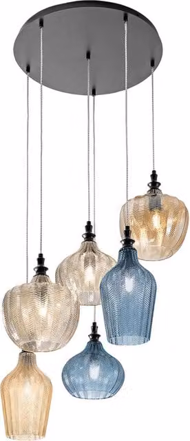 Cleofe - Lampadario a sospensione 6 luci con vetri ambra, ocra e cobalto - 6XE27 max 6X60W, design moderno elegante, IP20