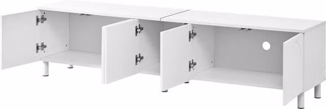 Mobile TV Lowboard bianco con 5 ante, struttura in PB e MDF, piedi in metallo, design moderno e funzionale