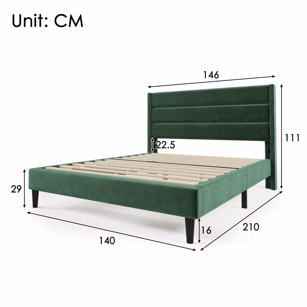 Letto imbottito moderno CIPACHO in velluto verde L/P/H: 140 x 200 x 111 cm – 2