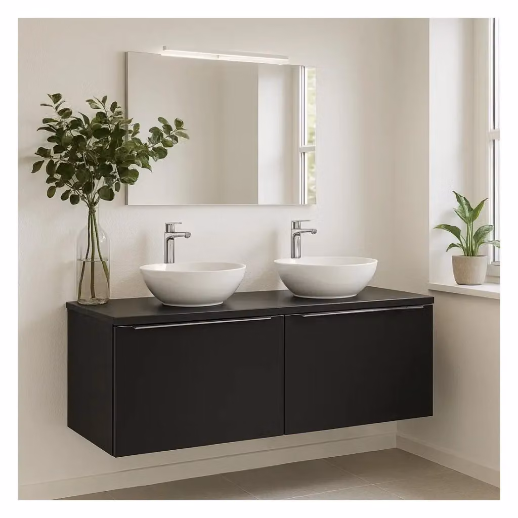Set da bagno VANTA Meublorama nero con mobile sottolavabo, piano e 2 lavabi da appoggio L/P/H: 120 x 46 x 63 cm – 2