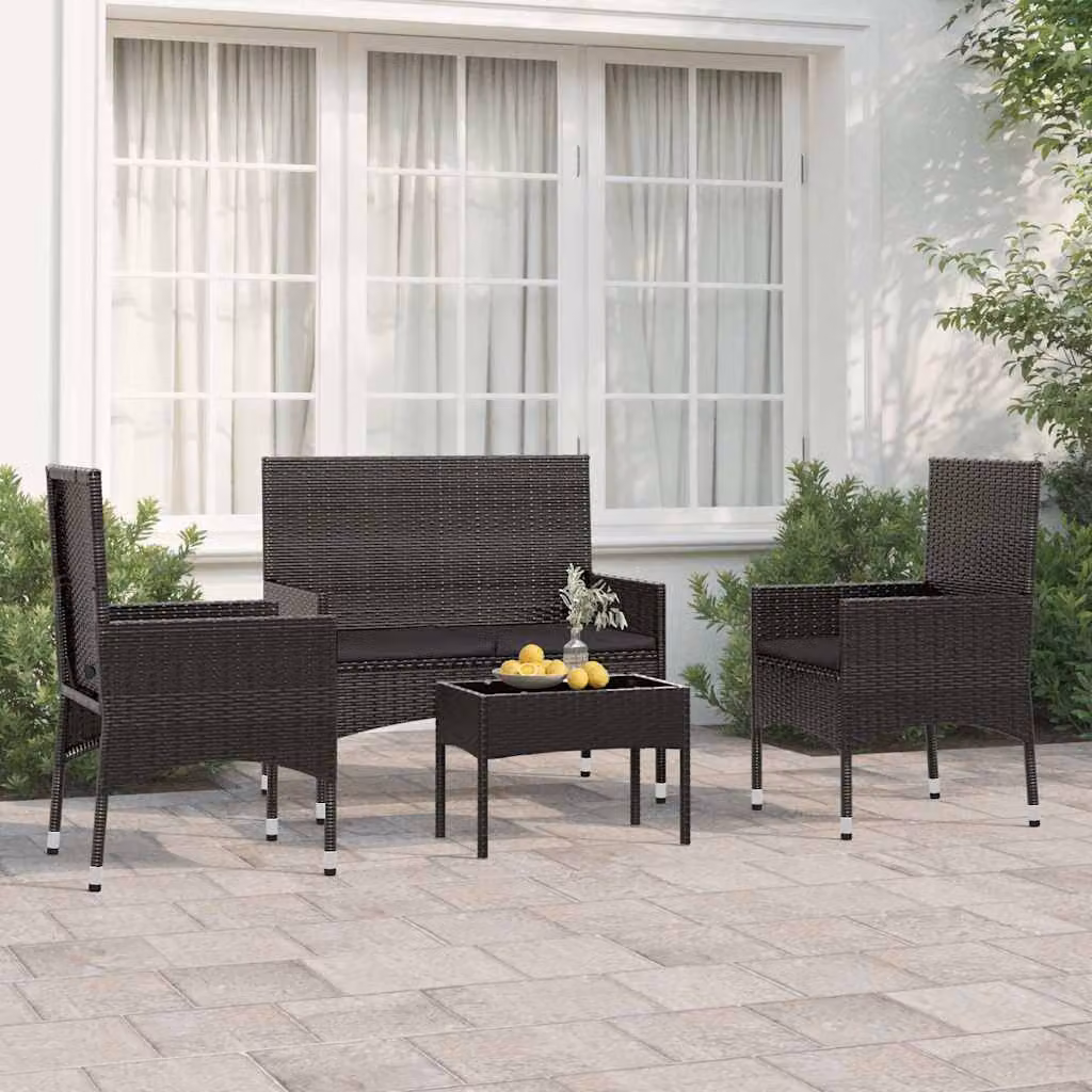 Set da giardino vidaXL in polyrattan nero con cuscini, divano a 2 posti, poltrone e tavolino da caffè