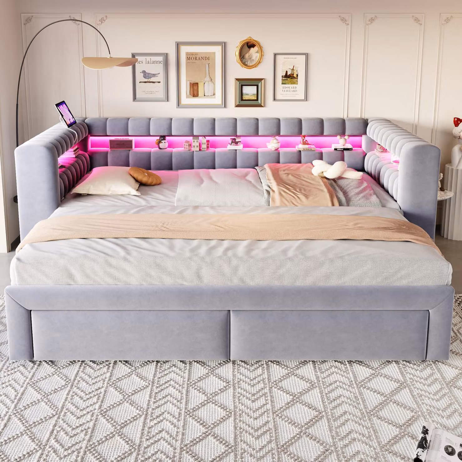 Letto imbottito okwish 90/180x190 con letto estraibile e 2 cassetti, divano letto con USB e porta Type-C, LED, letto per bambini, colore grigio chiaro, senza materasso