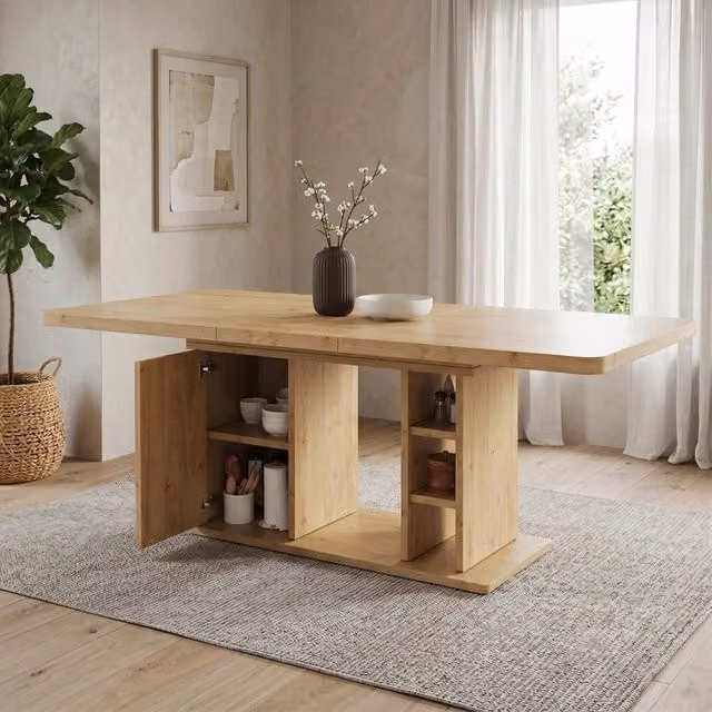 Tavolo da pranzo allungabile WISHDOR in stile scandinavo, colore marrone, rettangolare con finitura opaca