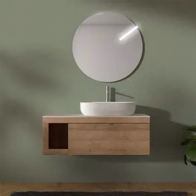 Mobile bagno sospeso Inbagno Maya con top effetto carrara, finitura rovere miele e illuminazione LED, Larghezza: 110 cm