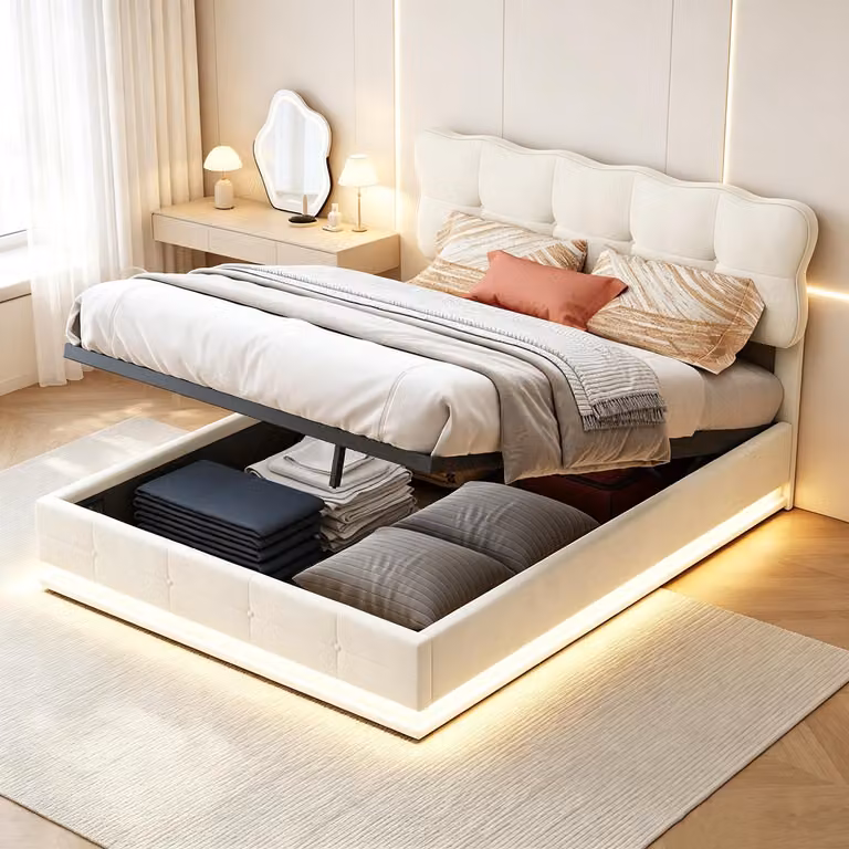 Letto matrimoniale INONEFT 160x200 con contenitore, imbottito con illuminazione LED, letto con sistema di sollevamento idraulico, letto per ragazzi, in velluto, color beige
