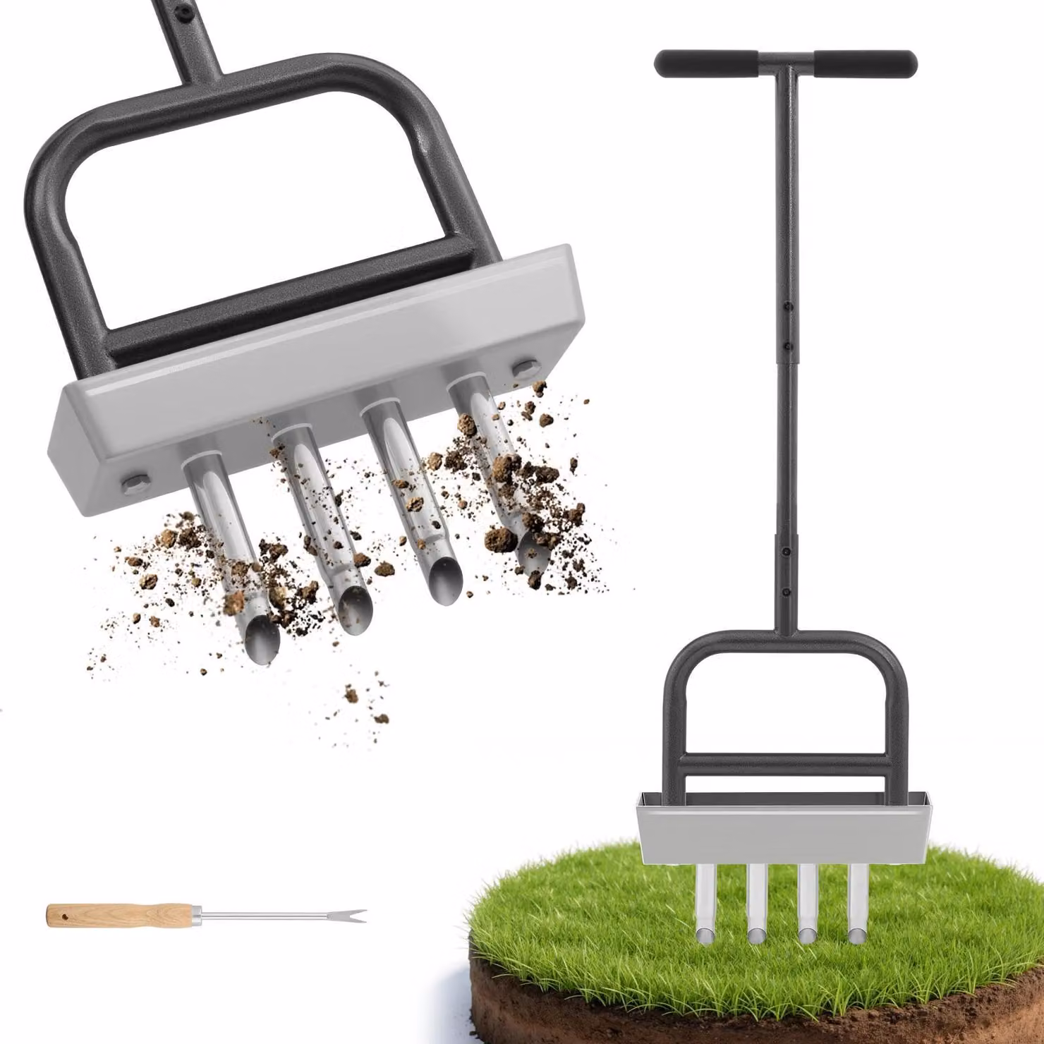 Arieggiatore manuale 2-in-1 – Arieggiatore per prato con 4 lame – Dotato di contenitore per la raccolta del materiale estratto – Realizzato in acciaio resistente, ideale per terreni compattati e per ottenere un prato più folto