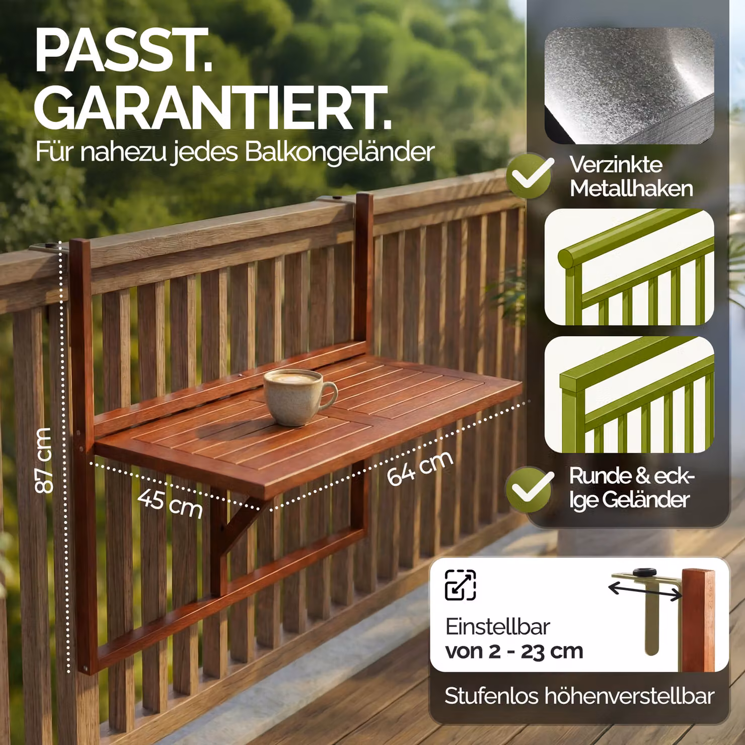 Tavolino da balcone pieghevole Casaria in legno di acacia marrone L: 64 cm, P: 45 cm, H: 87 cm – 3