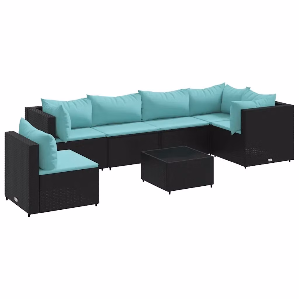 vidaXL Set Salotto da Giardino a L con Cuscini 7pz Nero e Blu in Polyrattan e Acciaio – 2