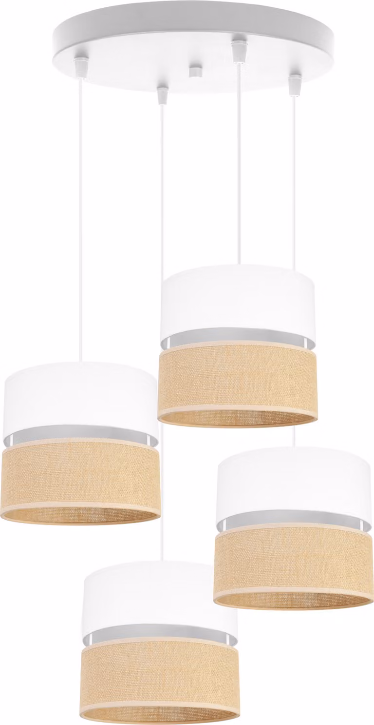 Light-Home Juta lampada a sospensione - Metallo con paralume in tessuto - E27 - OV 4 luci 20 cm - Base bianca e juta e bianco