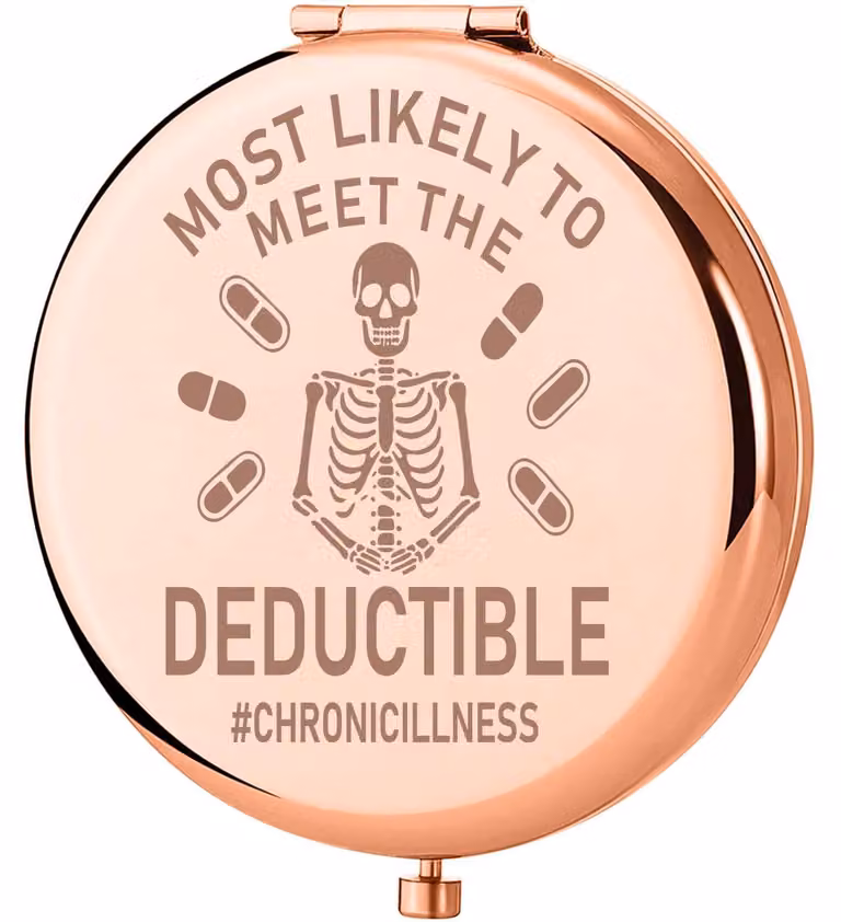Specchio, rotondo, diametro 6,5 cm, con motivo a tema malattie croniche, fronte-retro