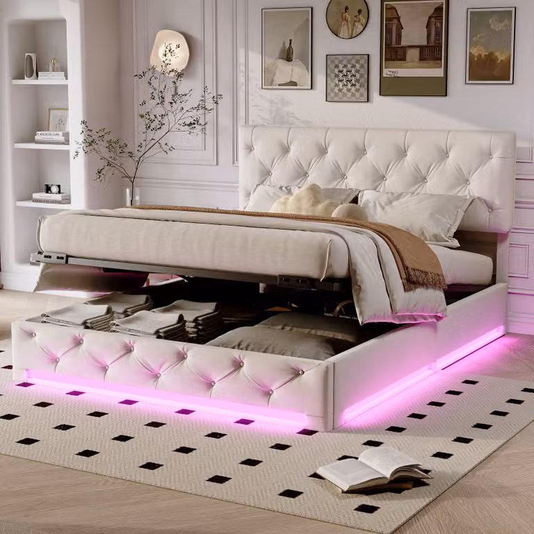 UnboxG Letto imbottito con LED, letto a molle idrauliche 140x200cm con rete a doghe e contenitore, testata regolabile in altezza, letto matrimoniale in legno letto per ragazzi in velluto, beige