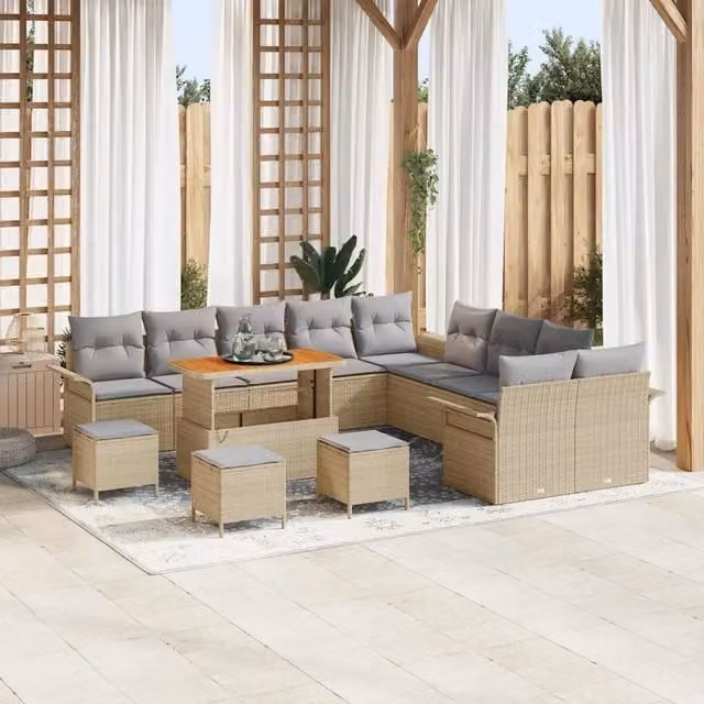 Set Divano da Giardino a Forma di U vidaXL con 14 Pezzi, Colore Grigio o Beige, Struttura in Acciaio Verniciato a Polvere e Cuscini Inclusi