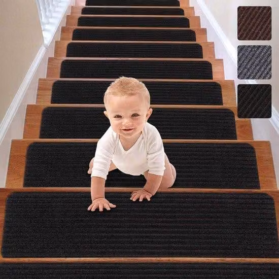Tappetini antiscivolo per scale interne in legno – confezione da 15 pezzi (8" x 30"), passerelle per scale nere, sicure per bambini e cani