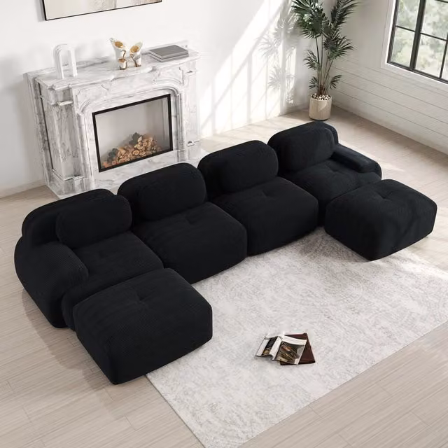 Divano angolare modulare OKWISH in tessuto corduroy nero con design ergonomico e base antiscivolo