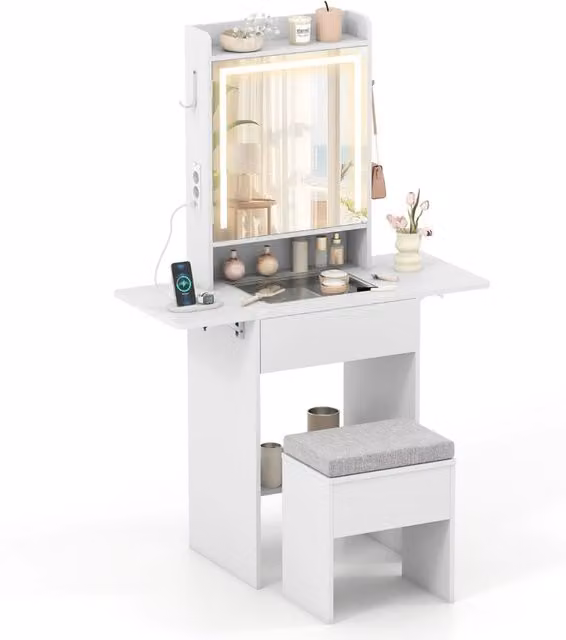 Tavolo cosmetico con piano in vetro e sgabello con contenitore, Tavolo da trucco con specchio e luci-Tavoli da trucco