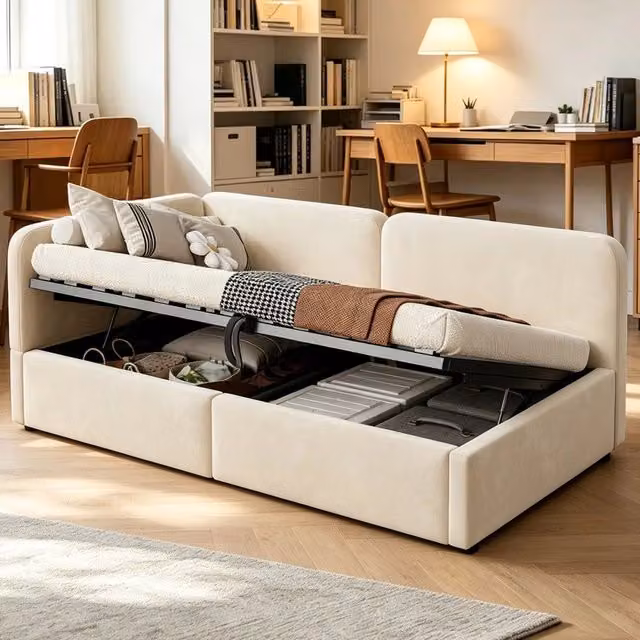 Letto imbottito contenitore ¨C Minimal ¨C Beige velluto 90x200 testiera alta idraulico