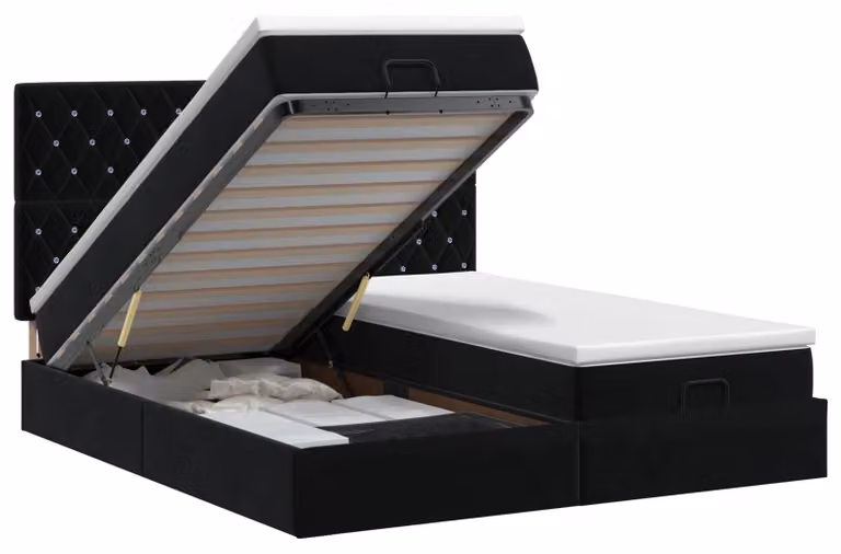 Letto imbottito in stile ottomano con materasso e poggiatesta, 2 pezzi, colore nero, rivestito in velluto