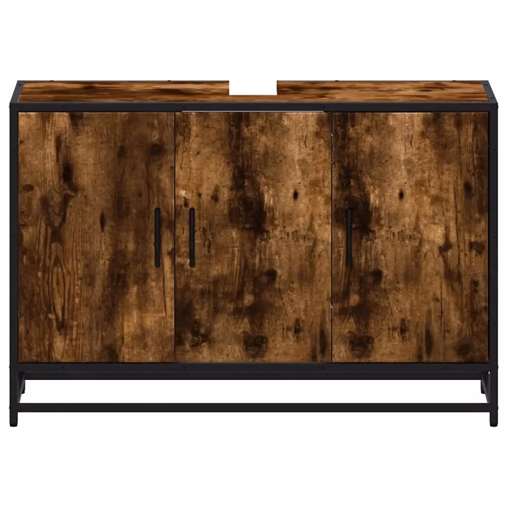 Mobiletto da bagno sospeso HELLOSHOP26 in stile industriale con finitura rovere e metallo, colore marrone, L: 90 cm, P: 33 cm, H: 60 cm – 2