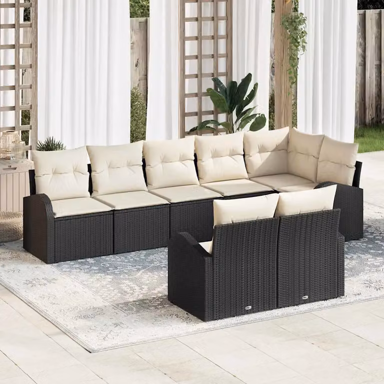 Set Divano da Giardino vidaXL a 8 posti in Polyrattan con Cuscini e Struttura in Acciaio Nero a Forma di U
