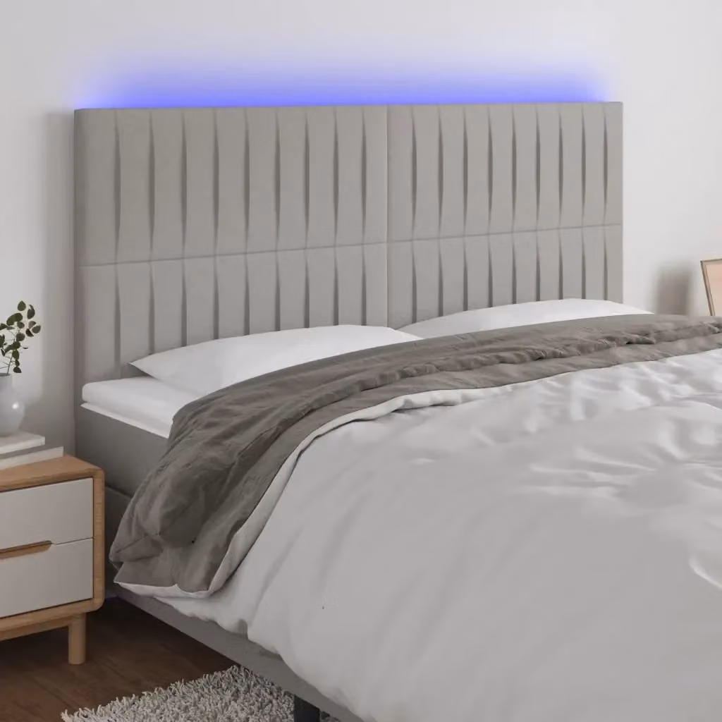 Testata del letto con illuminazione LED e porta di ricarica USB in tessuto grigio chiaro, L 160 cm x P 5 cm x H 118/128 cm – 2