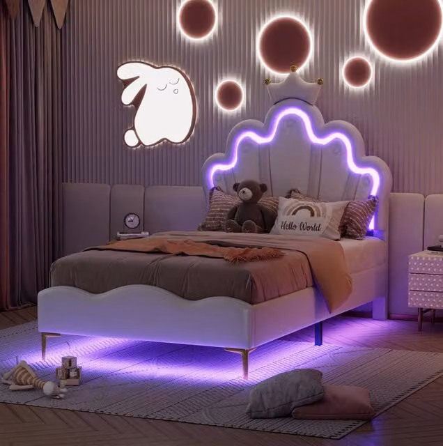Letto Matrimoniale 90x200 cm con Testiera a Corona in Pelle PU Bianca e Striscia LED Regolabile