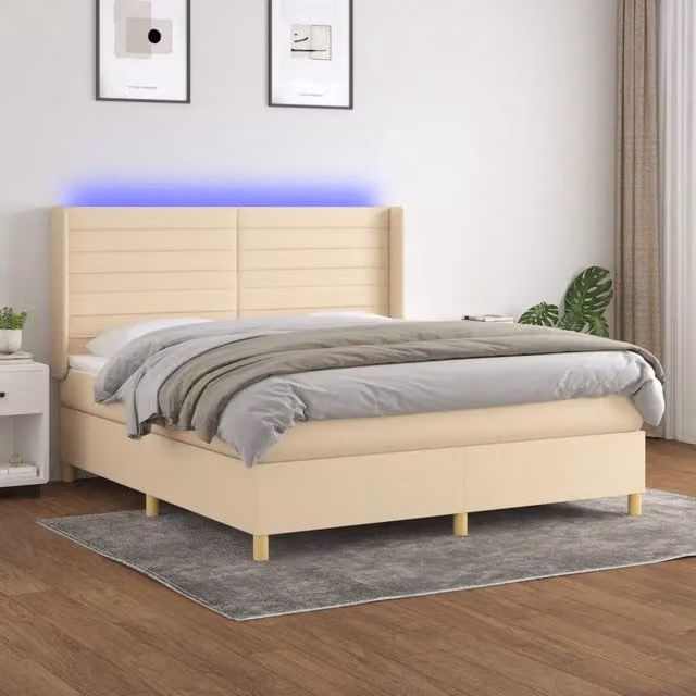 Letto Ibrido con Materasso vidaXL in Tessuto Beige e Bianco con Illuminazione LED Sotto il Letto e Porta USB L/P/H: 160 x 200 x 128 cm