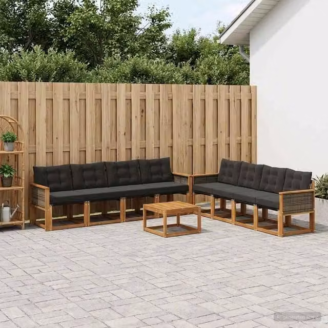 Set di divani da esterno vidaXL a forma di U composto da 9 pezzi in legno di acacia con cuscini beige e nero – 1