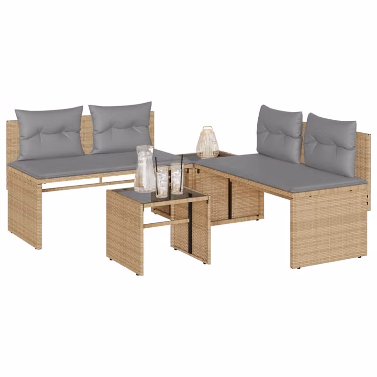 Set Divano da Giardino vidaXL 4 pz con Cuscini Beige e Tavolino, Design Moderno a L in Polyrattan e Acciaio con Coperture Rimovibili