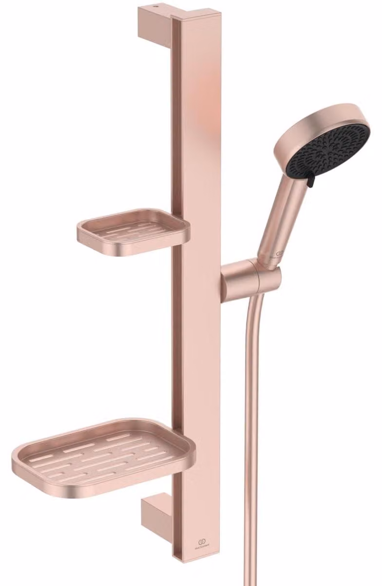 Combinazione doccia in alluminio con doccetta manuale, 2 getti, ripiani e finitura rosa