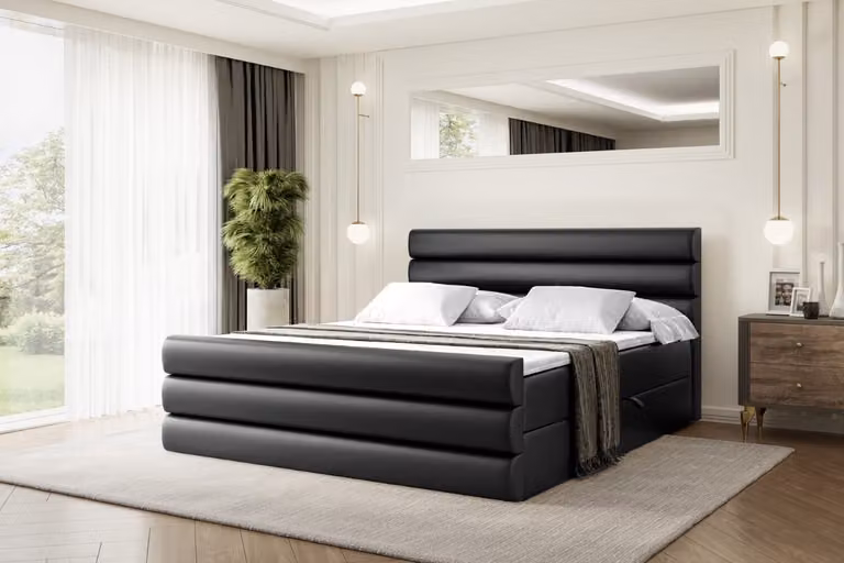 Letto boxspring ALTDECOR con pediera, materasso H3 e topper - 120x200 cm - CELESTIA-Z - Pelle finta nera - Letto imbottito con contenitore e rete a doghe, letto con spazio contenitivo