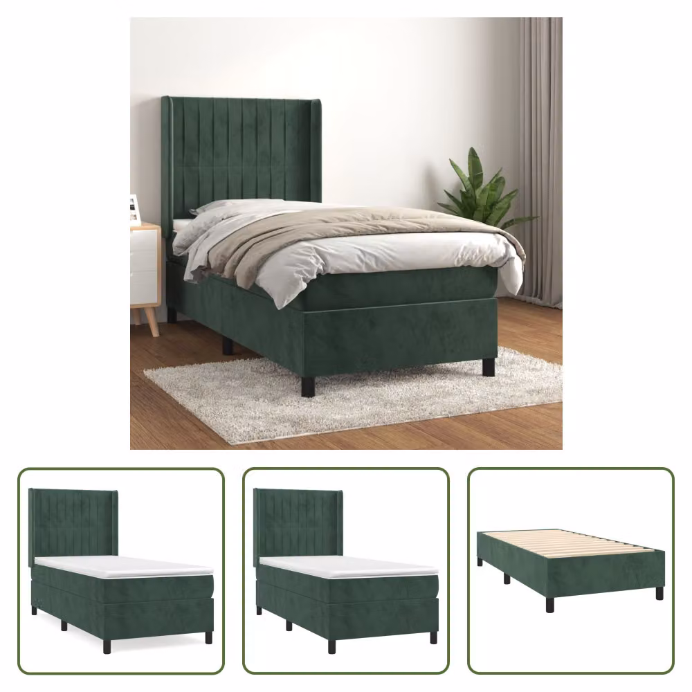 The Living Store Letto a molle con materasso verde scuro 90x200 cm in velluto