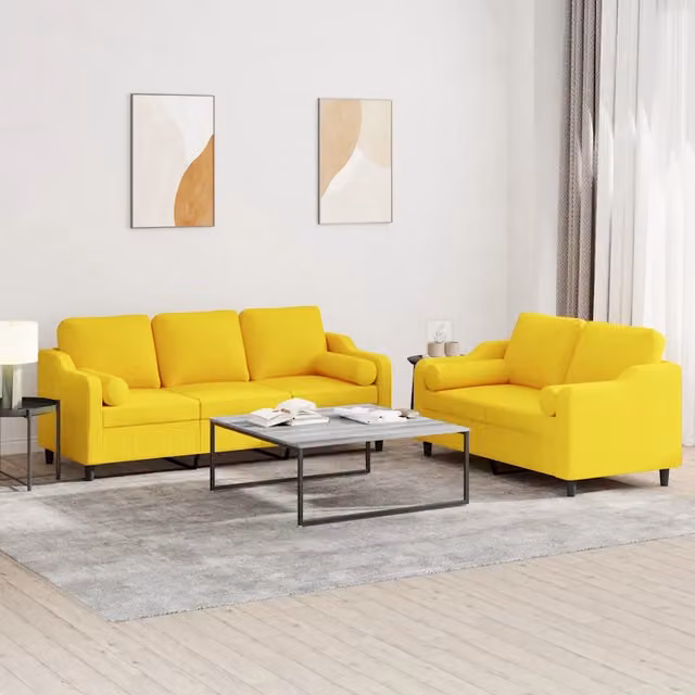 Set di divani 2 pezzi vidaXL in tessuto giallo per soggiorno con cuscini inclusi