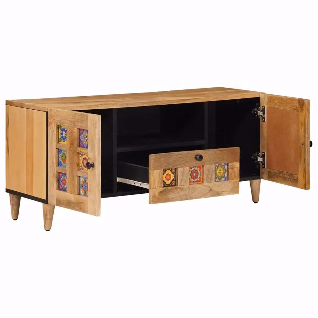 Mobile TV moderno vidaXL in legno di mango massello, colore naturale beige e marrone, L 105 x P 33,5 x H 46 cm – 2