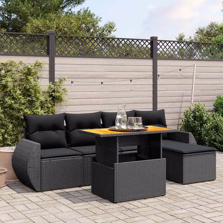 Set Divano da Giardino vidaXL 6 pz in Polyrattan Nero con Cuscini e Ottoman