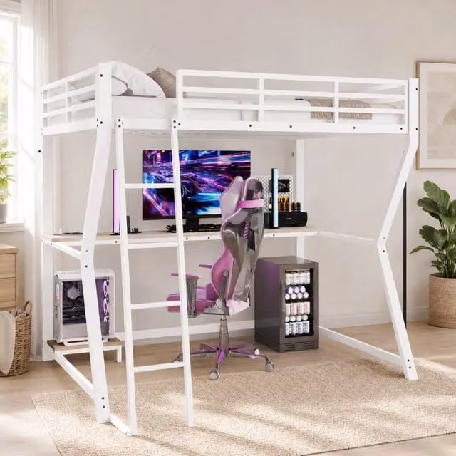 Letto a soppalco 90x200 cm con scrivania; LED; presa USB e scala; bianco