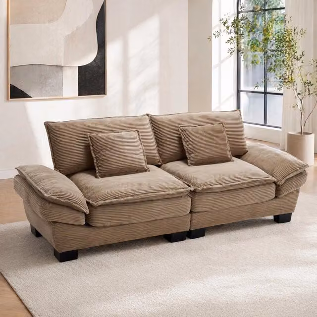 Divano a 2 posti in tessuto effetto corda khaki con braccioli; 224x81x81 cm