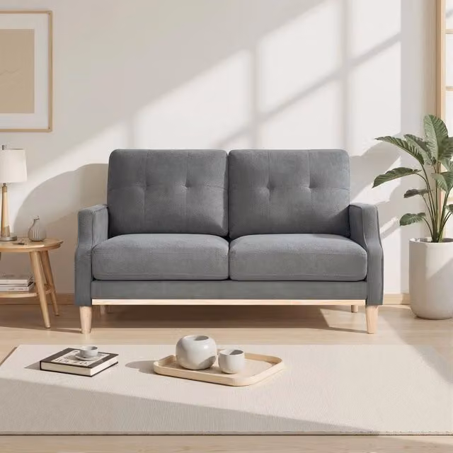 Divano a 2 posti Minimal in tessuto grigio con gambe in legno e cuscini inclusi