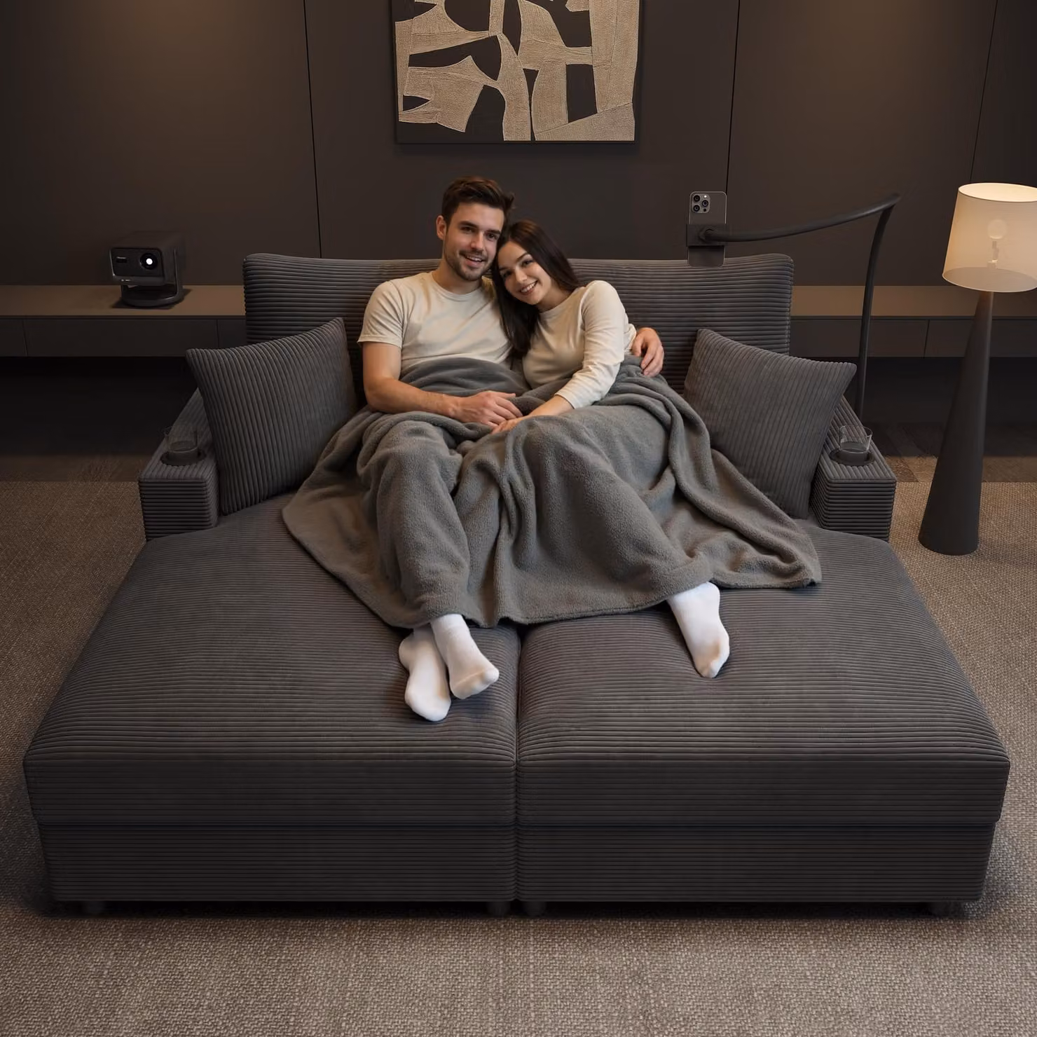 okwish divano letto matrimoniale divano letto con funzione reclinabile, chaise longue daybed con portacellulare girevole a 360°, divano lounge con portabicchieri e USB, grigio